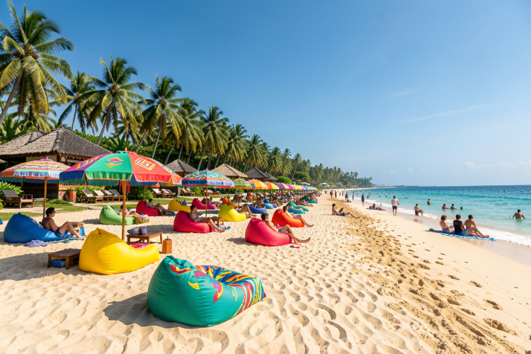 a colorful Balinese beach club with umbrellas, bean bags, and tourists relaxing by the sea