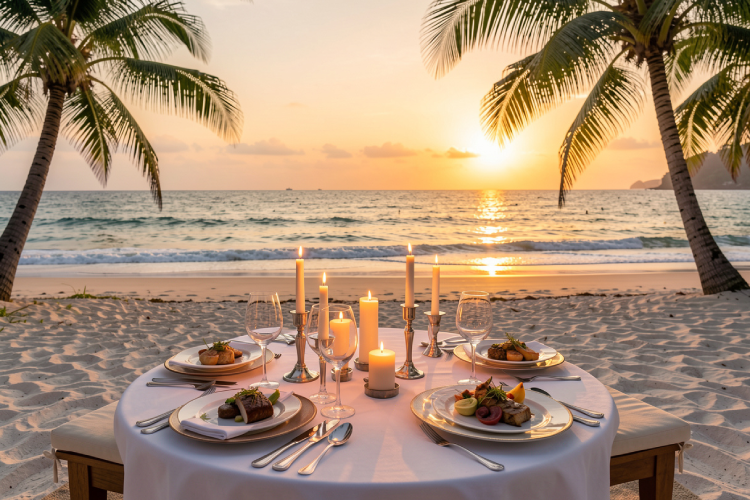 a luxurious beachfront dinner setup in Nusa Dua with the ocean and sunset in the background