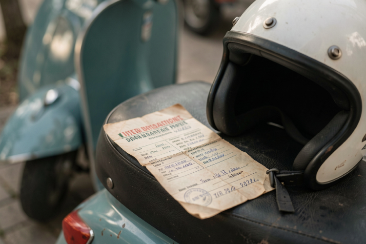 A close-up of a 1949 International Driving Permit resting on a scooter seat next to a helmet