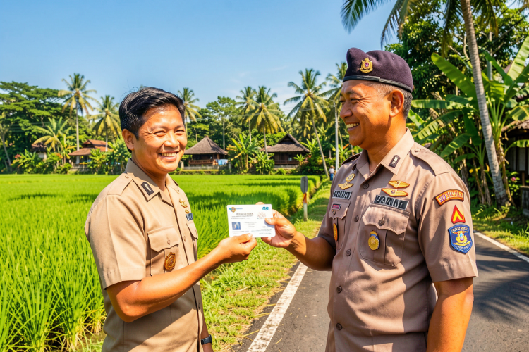 A tourist showing an international driving permit to a friendly Balinese officer on a sunny road
