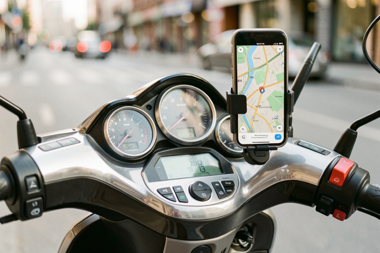a close-up of a three-wheel scooter dashboard with a phone holder and GPS map
