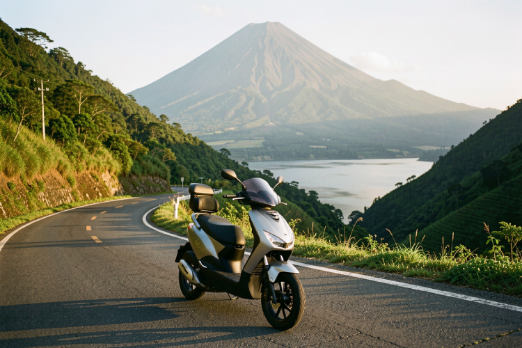 a modern three-wheel scooter parked on a scenic road with a volcano and lake in the background