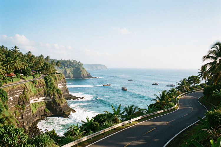 a scenic view of a coastal road in Bali with clear blue sky and ocean