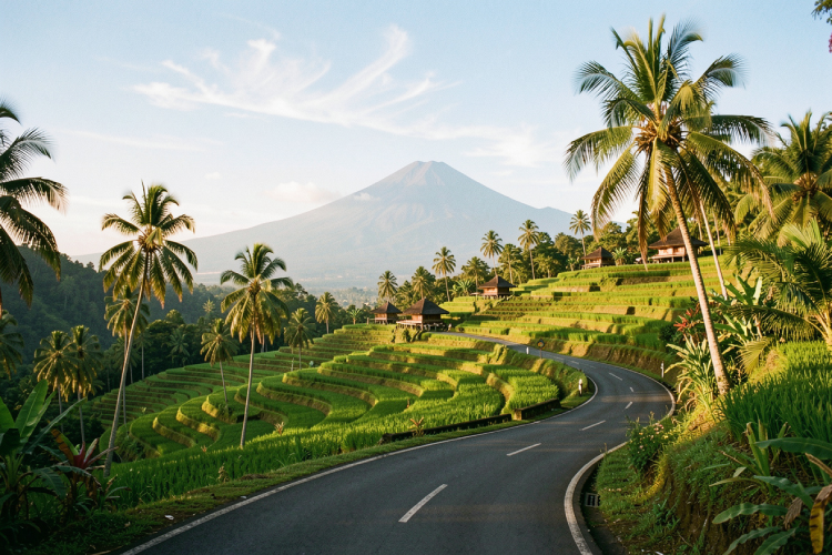 a scenic winding road in Bali overlooking lush green rice terraces with a tropical background