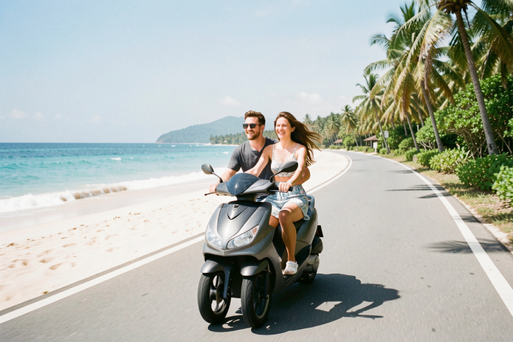 a tourist couple enjoying a ride on a modern 3-wheel scooter along the Nusa Dua beach path