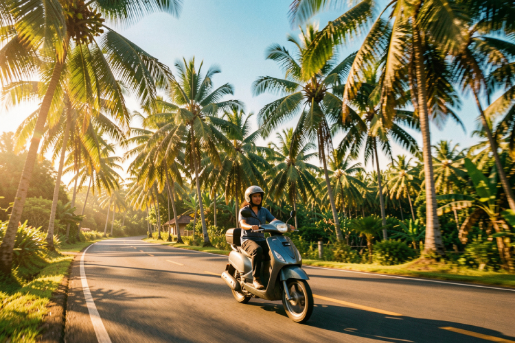 a tourist safely driving a scooter on a tropical road in Bali with palm trees