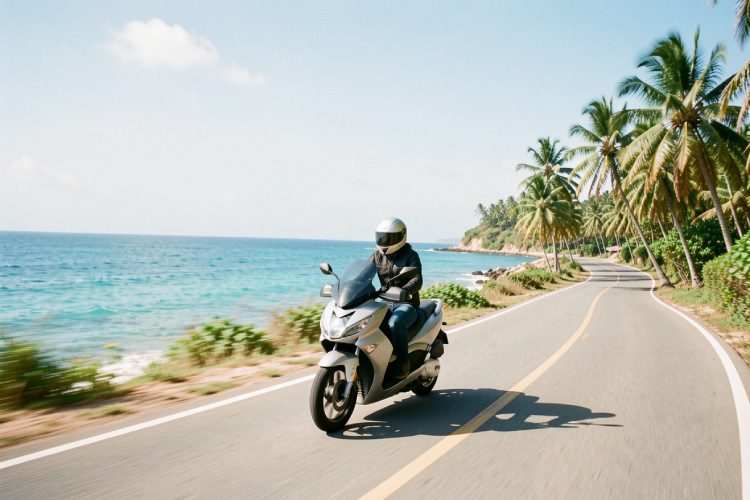 a traveler wearing a helmet riding a scooter along a coastal road with blue ocean and palm trees