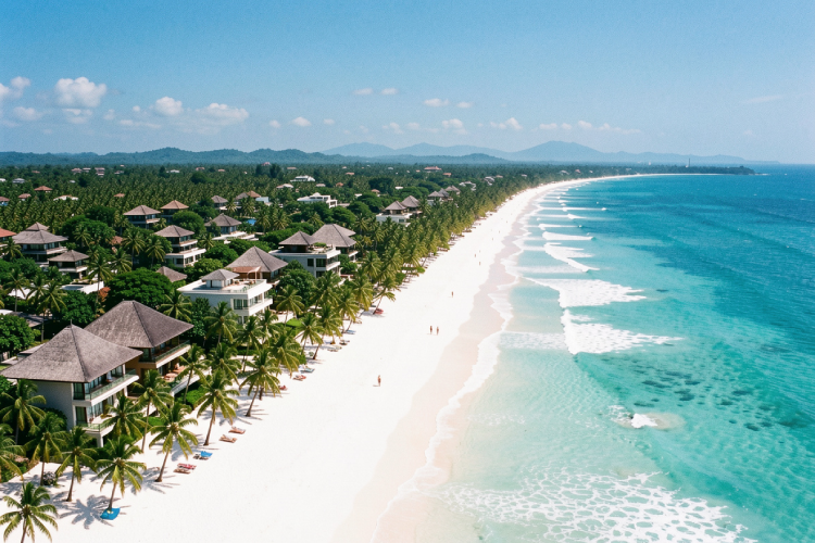 aerial view of pristine white sand beaches in Nusa Dua with luxury resorts and turquoise water