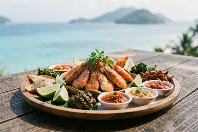 delicious Balinese seafood platter served on a table overlooking the Nusa Dua ocean