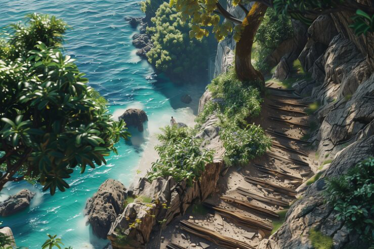 hidden tropical beach in Bali with turquoise water and white sand between cliffs