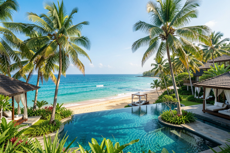 luxury beach resort landscape in Nusa Dua Bali with palm trees and blue ocean