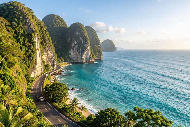 scenic coastal road in Bali with limestone cliffs on one side and blue ocean on the other