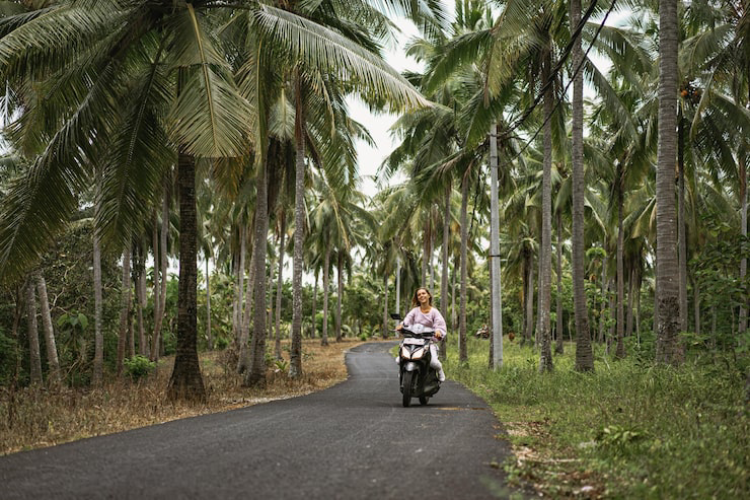 stylish three-wheel scooter parked on a cliff road overlooking the Bali ocean