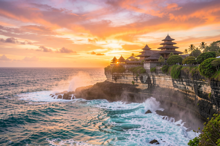 the sunset over Uluwatu Temple cliff with waves crashing below and a vibrant orange sky